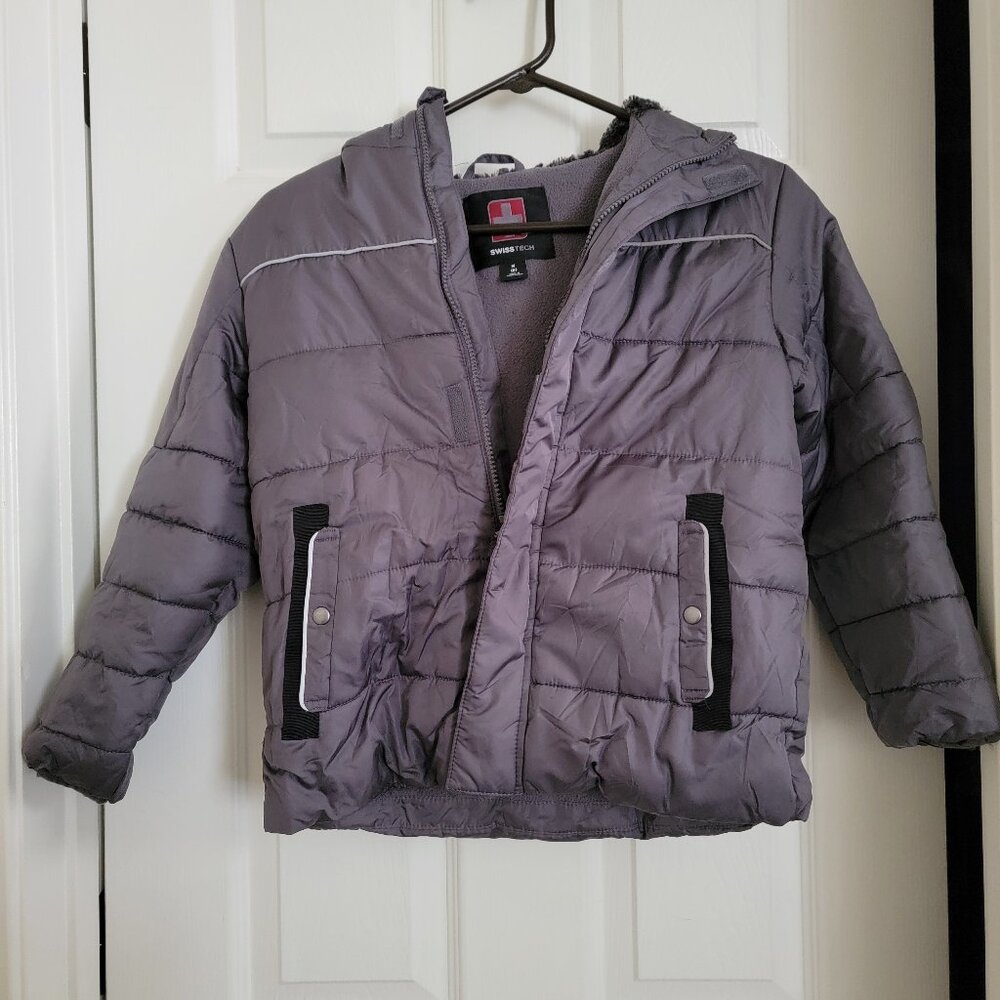 Boys Medium Swiss Tech Gray Hooded Puffer Winter Coat